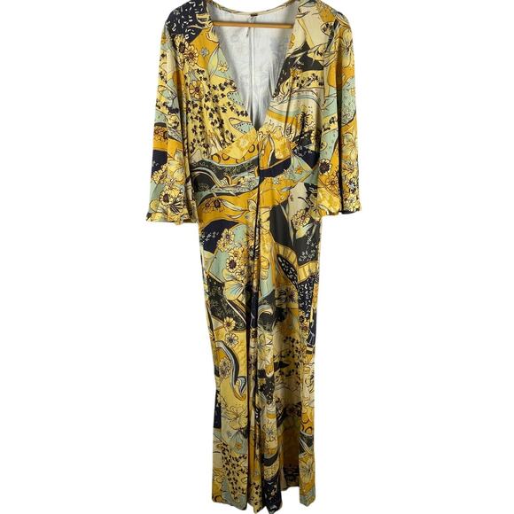 Free People Retro Night Fever Wide Leg Deep V-Neck Jumpsuit Size Medium - Picture 7 of 12